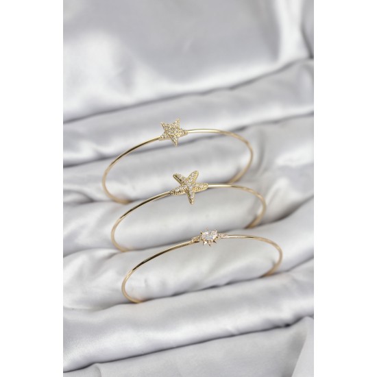 Gold Renk Zirkon Taşlı Deniz Yıldızı Model 3'lü Kadın Bileklik Kombini - TJ-BB8357