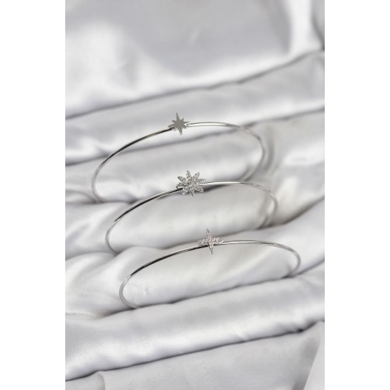 Zirkon Taşlı Kutup Yıldızı Model Gümüş Renk 3'lü Kadın Bileklik Kombini - TJ-BB8358