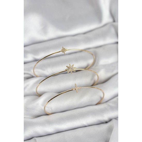 Zirkon Taşlı Kutup Yıldızı Model Gold Renk 3'lü Kadın Bileklik Kombini - TJ-BB8359