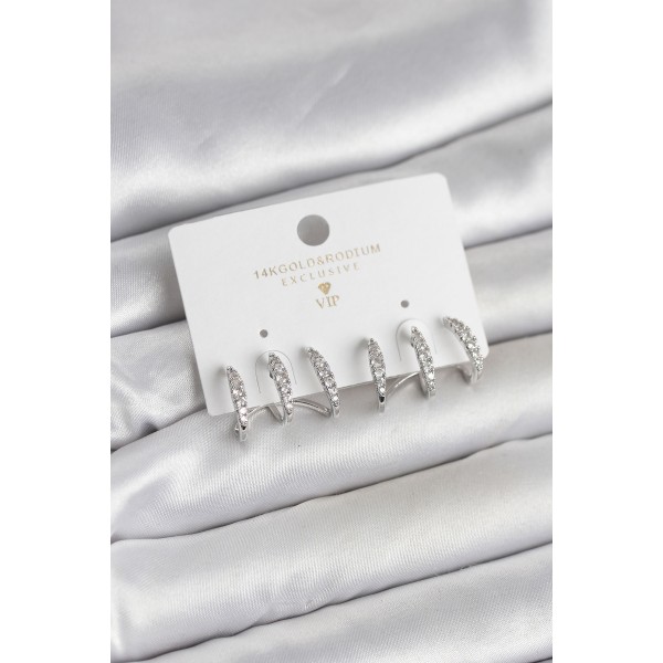 Gümüş Renk Pirinç Zirkon Taşlı Kadın Küpe - TJ-BKP11641
