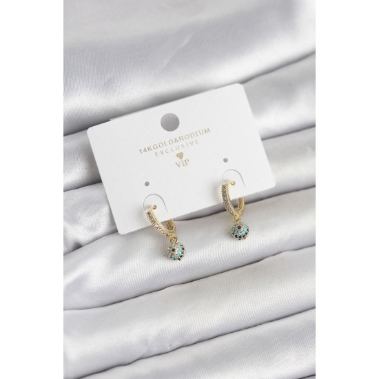 Minimal Nazarlı Model Gold Renk Zirkon Taşlı Kadın Küpe - TJ-BKP11642