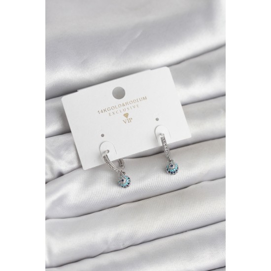 Minimal Nazarlı Model Gümüş Renk Zirkon Taşlı Kadın Küpe - TJ-BKP11643