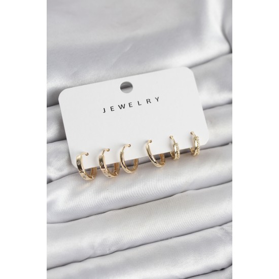 Gold Renk Pirinç 3 Çift Kadın Küpe Seti - TJ-BKP11644