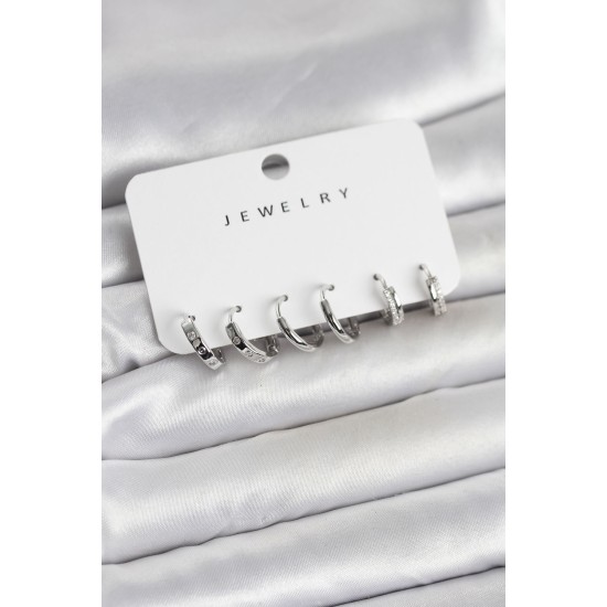 Gümüş Renk Pirinç 3 Çift Kadın Küpe Seti - TJ-BKP11645