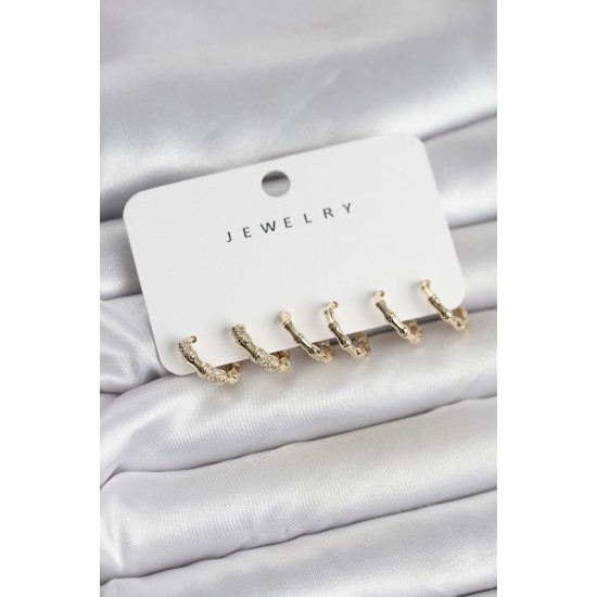 Gold Renk Pirinç Kemik Model 3 Çift Kadın Küpe Seti - TJ-BKP11646