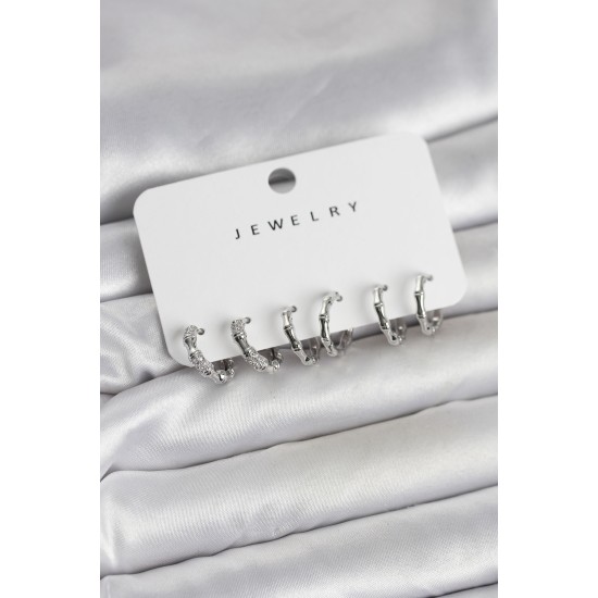 Gümüş Renk Pirinç Kemik Model 3 Çift Kadın Küpe Seti - TJ-BKP11647