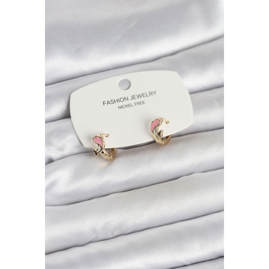 Pembe Yunus Balığı Model Gold Renk Pirinç Çocuk Küpe - TJ-BKP11650