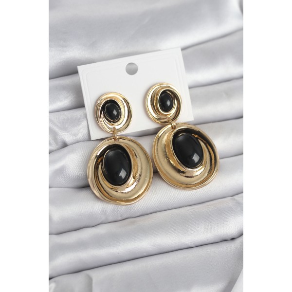 Siyah Sallantılı Damla Model Gold Renk Vintage Kadın Küpe - TJ-BKP11669