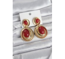 Kırmızı Sallantılı Damla Model Gold Renk Vintage Kadın Küpe - TJ-BKP11670
