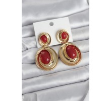 Kırmızı Sallantılı Damla Model Gold Renk Vintage Kadın Küpe - TJ-BKP11670