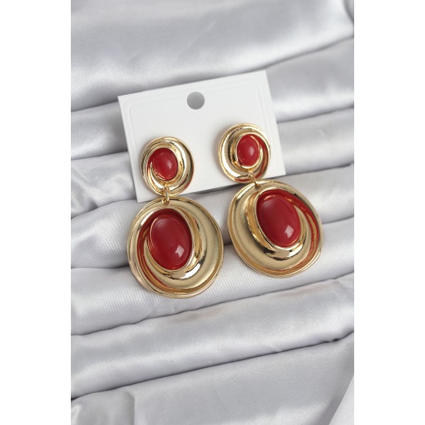 Kırmızı Sallantılı Damla Model Gold Renk Vintage Kadın Küpe - TJ-BKP11670