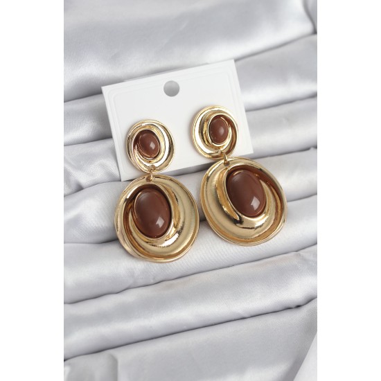 Kahverengi Sallantılı Damla Model Gold Renk Vintage Kadın Küpe - TJ-BKP11671