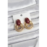 Pirinç Gold Renk Bordo Taşlı Vintage Kadın Küpe TJ-BKP11679