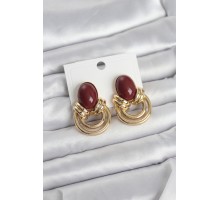 Pirinç Gold Renk Bordo Taşlı Vintage Kadın Küpe - TJ-BKP11679