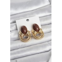 Pirinç Gold Renk Kahverengi Taşlı Vintage Kadın Küpe TJ-BKP11680