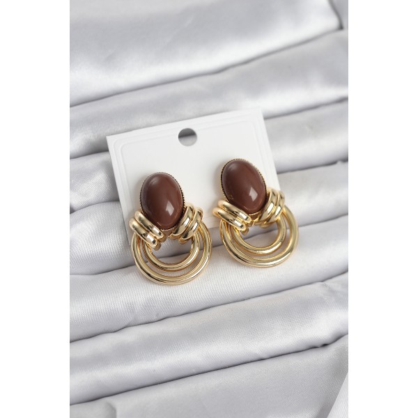 Pirinç Gold Renk Kahverengi Taşlı Vintage Kadın Küpe - TJ-BKP11680