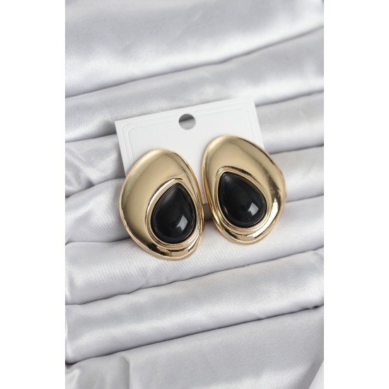 Pirinç Gold Renk Siyah Taşlı Damla Model Vintage Kadın Küpe - TJ-BKP11681