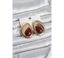 Pirinç Gold Renk Bordo Taşlı Damla Model Vintage Kadın Küpe - TJ-BKP11682