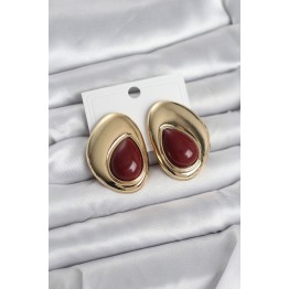 Pirinç Gold Renk Bordo Taşlı Damla Model Vintage Kadın Küpe TJ-BKP11682