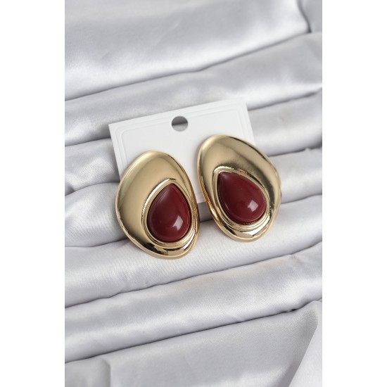Pirinç Gold Renk Bordo Taşlı Damla Model Vintage Kadın Küpe - TJ-BKP11682