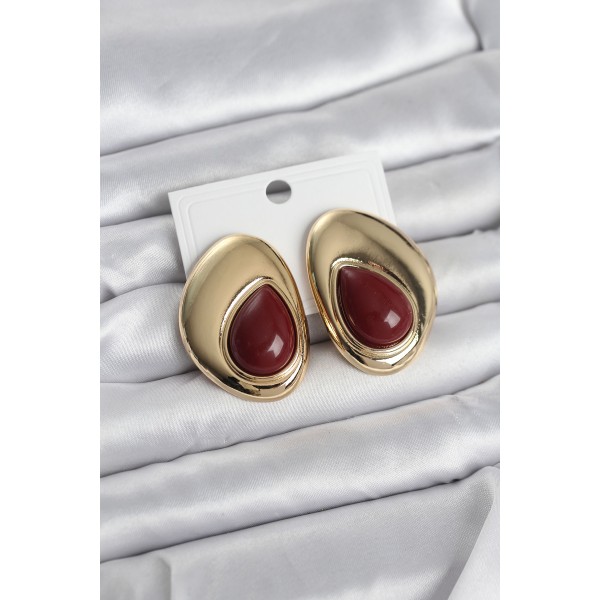 Pirinç Gold Renk Bordo Taşlı Damla Model Vintage Kadın Küpe - TJ-BKP11682