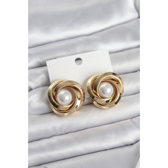 Pirinç Gold Renk Sarmal Model İncili Kadın Küpe - TJ-BKP11684