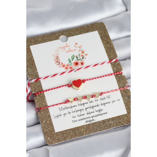 Marteniçka Bileklik 3'lü Kırmızı Mineli Kalp Model - TJ-BB8361