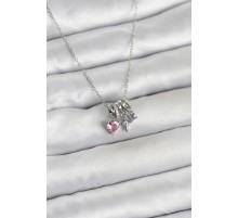 316L Çelik Gümüş Pembe Zirkon Taşlı Charmlı Kadın Kolye - TJ-BKO11010