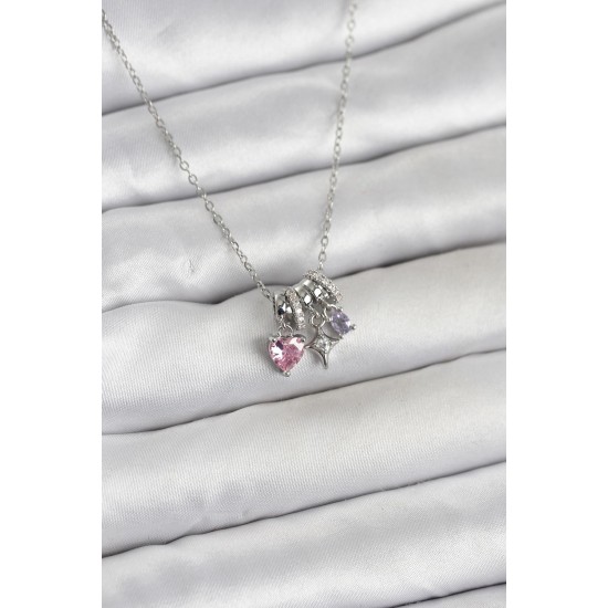 316L Çelik Gümüş Pembe Zirkon Taşlı Charmlı Kadın Kolye - TJ-BKO11010