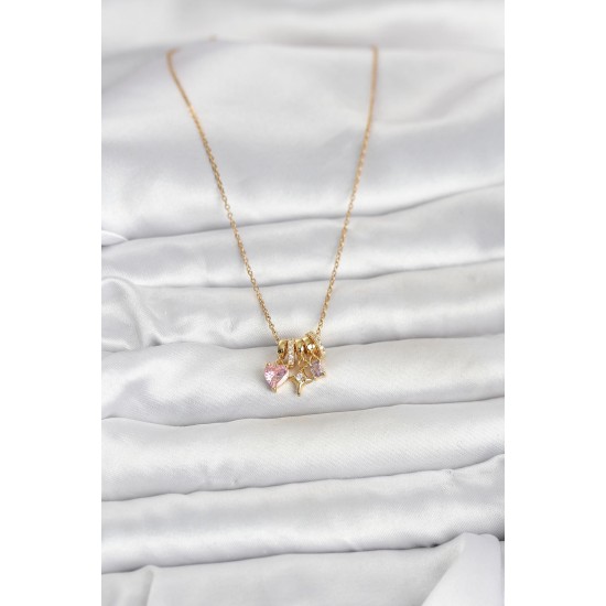 316L Çelik Gold Pembe Zirkon Taşlı Charmlı Kadın Kolye - TJ-BKO11011