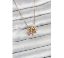 316L Çelik Gold Pembe Zirkon Taşlı Charmlı Kadın Kolye - TJ-BKO11011