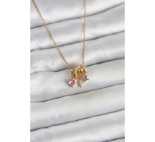 316L Çelik Gold Pembe Zirkon Taşlı Charmlı Kadın Kolye - TJ-BKO11011