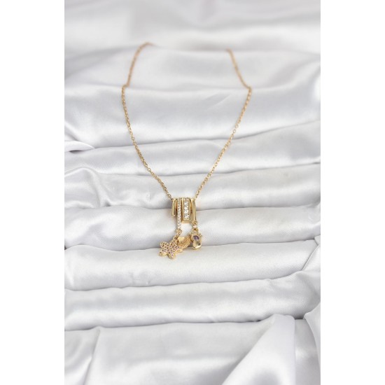 316L Çelik Gold Zirkon Taşlı Deniz Tema Charmlı Kadın Kolye - TJ-BKO11013