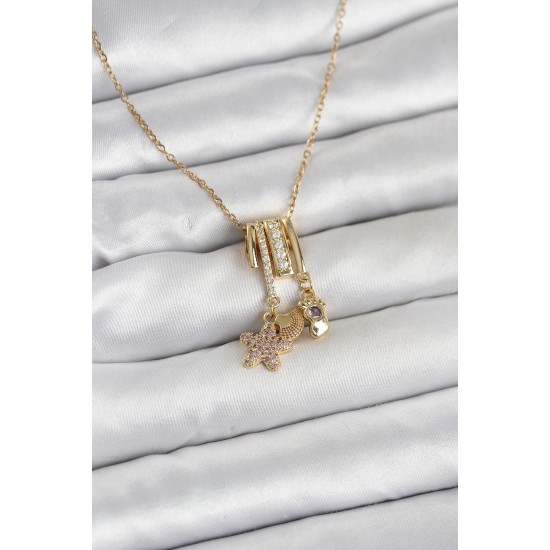 316L Çelik Gold Zirkon Taşlı Deniz Tema Charmlı Kadın Kolye - TJ-BKO11013