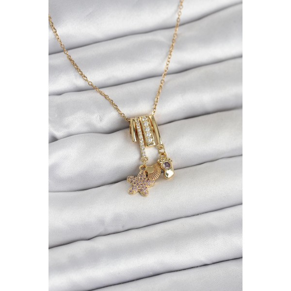316L Çelik Gold Zirkon Taşlı Deniz Tema Charmlı Kadın Kolye - TJ-BKO11013