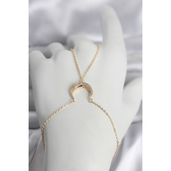 Pirinç Gold Renk Hilal Model Zirkon Taşlı Kadın Şahmeran - TJ-SN751