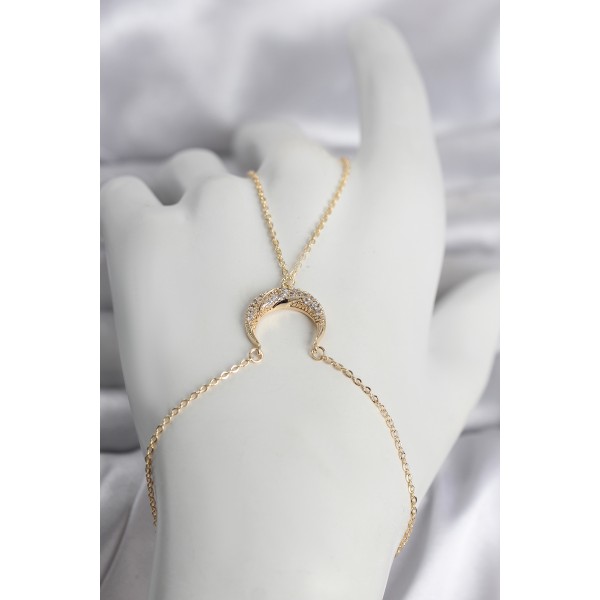 Pirinç Gold Renk Hilal Model Zirkon Taşlı Kadın Şahmeran - TJ-SN751