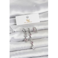 Pirinç Gümüş Renk Pembe Zirkon Taşlı 3'lü Kadın Küpe TJ-BKP11706