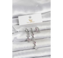 Pirinç Gümüş Renk Pembe Zirkon Taşlı 3'lü Kadın Küpe - TJ-BKP11706