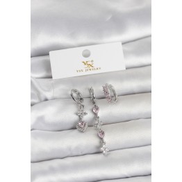 Pirinç Gümüş Renk Pembe Zirkon Taşlı 3'lü Kadın Küpe TJ-BKP11706
