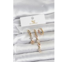 Pirinç Gold Renk Pembe Zirkon Taşlı 3'lü Kadın Küpe - TJ-BKP11707