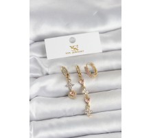 Pirinç Gold Renk Pembe Zirkon Taşlı 3'lü Kadın Küpe - TJ-BKP11707