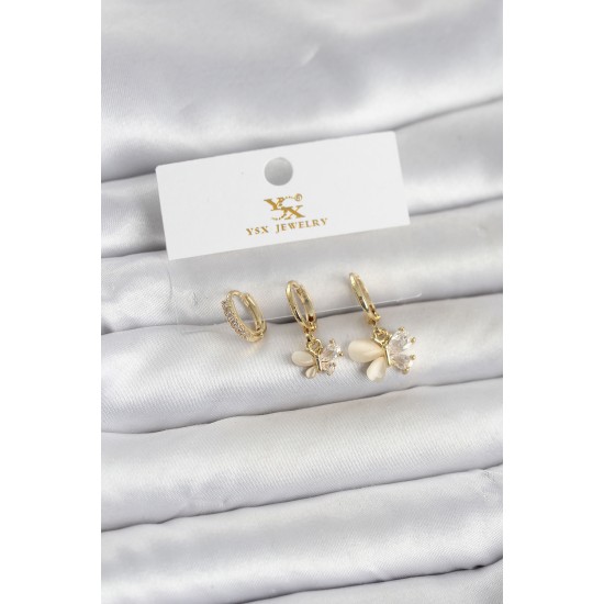 Pirinç Gold Renk Kelebek Model 3'lü Kadın Küpe - TJ-BKP11709