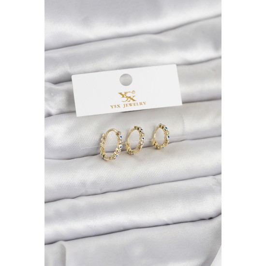 Pirinç Gold Renk Nazarlı Model 3'lü Kadın Küpe - TJ-BKP11711