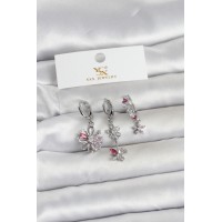 Pirinç Gümüş Renk Çiçek Model 3'lü Kadın Küpe TJ-BKP11712