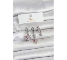 Pirinç Gümüş Renk Çiçek Model 3'lü Kadın Küpe - TJ-BKP11712