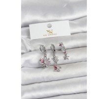 Pirinç Gümüş Renk Çiçek Model 3'lü Kadın Küpe - TJ-BKP11712