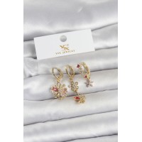 Pirinç Gold Renk Çiçek Model 3'lü Kadın Küpe TJ-BKP11713