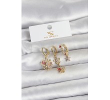 Pirinç Gold Renk Çiçek Model 3'lü Kadın Küpe - TJ-BKP11713