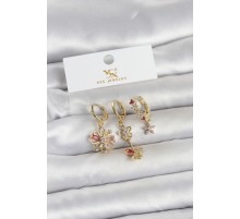 Pirinç Gold Renk Çiçek Model 3'lü Kadın Küpe - TJ-BKP11713